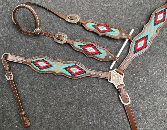 Showman Browband Headstall and Breastcollar Set with Wool Southwest Blanket Inlay #2